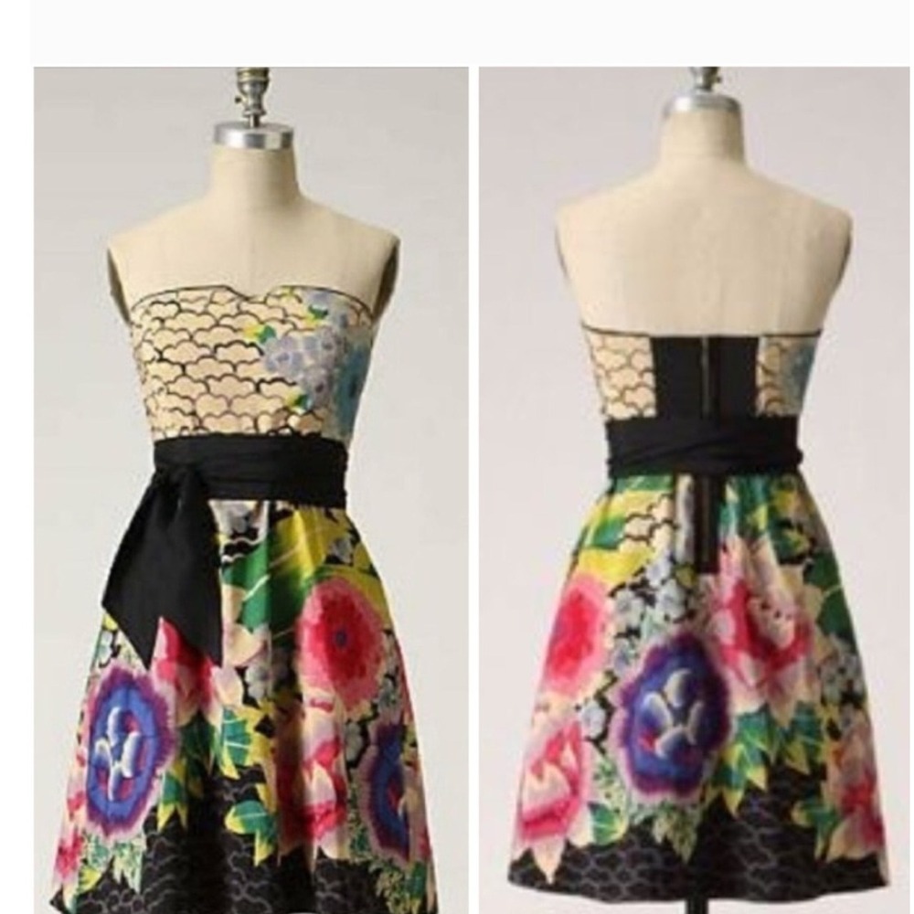 Moulinette Soeurs Floral Strapless Silk Dress‎ Size 10 Black Waist Tie